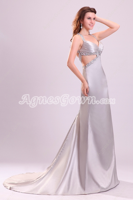 Desirable Crossed Straps A-line Full Length Silver Satin Wedding Gown 
