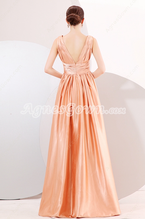 Plunge Neckline Long Length Coral Prom Party Dress 