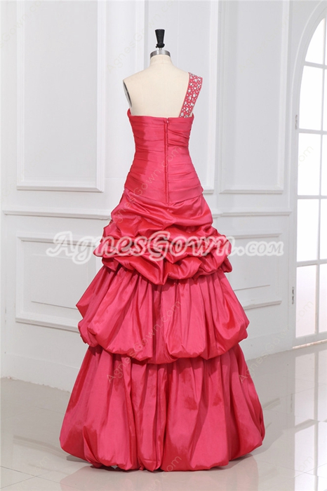 Inexpensive One Shoulder Taffeta Watermelon Colored Princess Sweet 15 Dress 