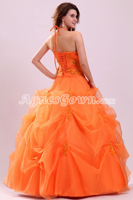 Romantic Orange Halter Corset Sweet 15 Ball Gown Quinceanera Dress 