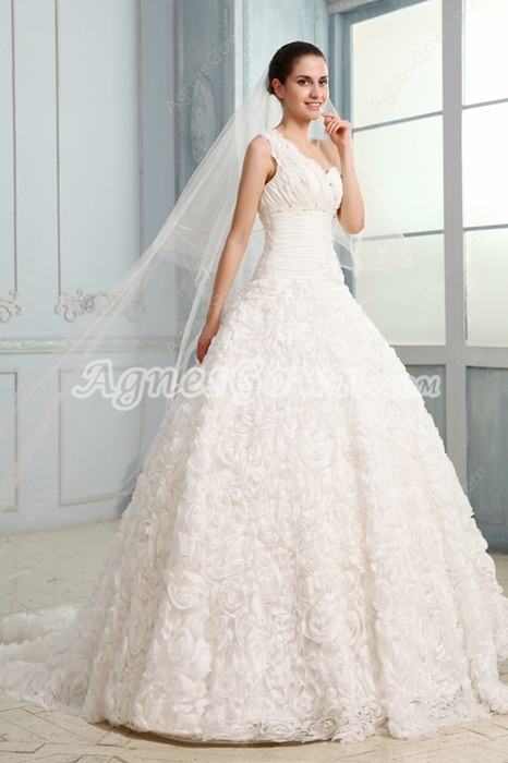 Dramatic Single Shoulder Ball Gown Floor Length Floral Bridal Gowns 
