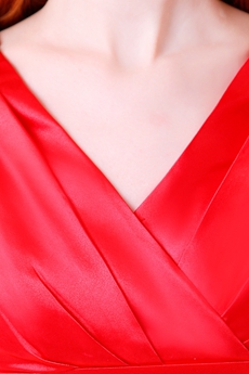 Modest V-Neckline Ankle Length Red Satin Junior Prom Dress