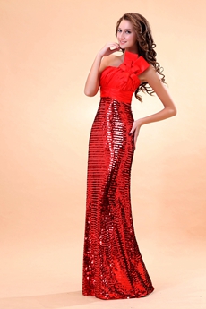One Shoulder Red Sequined Lace Formal Evening Dress 