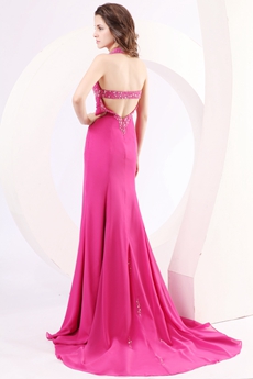 Pretty Halter A-line Fuchsia Chiffon Prom Party Dress 