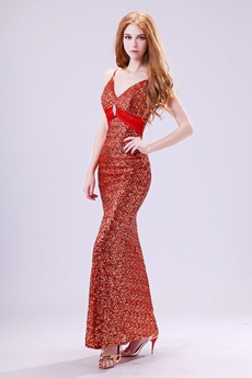 V-Neckline Sparkled Red & Gold Sequined Prom Dress