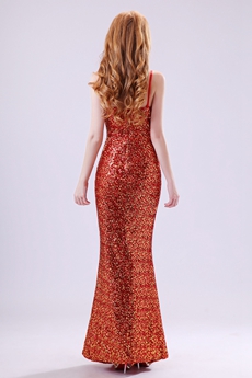 V-Neckline Sparkled Red & Gold Sequined Prom Dress