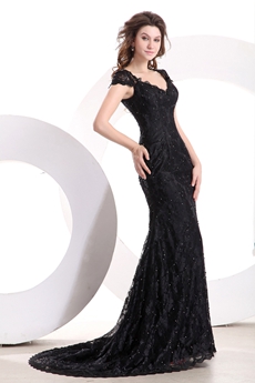 Cap Sleeves V-Neckline A-line Full Length Black Lace Prom Dress With Sequins 