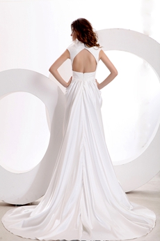 Keyhole Back High Collar White Satin Wedding Dress With Feather 