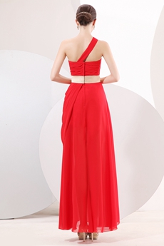 Simple One Shoulder Ankle Length Red Chiffon Junior Prom Dress 