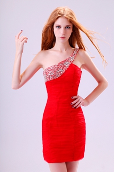 Hot One Shoulder Sheath Mini Length Red Chiffon Nighclub Dress 