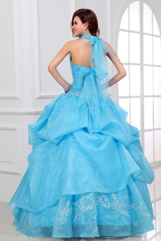 Attractive Halter Ball Gown Blue Organza Quince Dress 