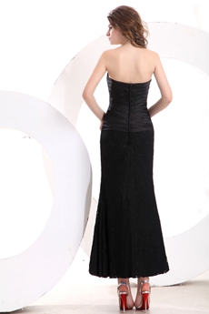 Strapless Tea Length Black Lace Wedding Guest Dress 