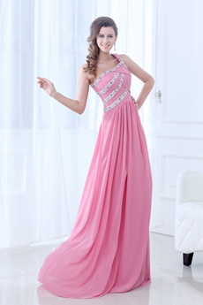 Urbane One Shoulder A-line Pink Chiffon Prom Dress With Beads