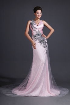 Fashionable V-Neckline A-line Pink & Black Celebrity Evening Dress 