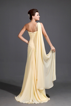 Elegant One Shoulder Column Full Length Yellow Evening Dress With Ribbons