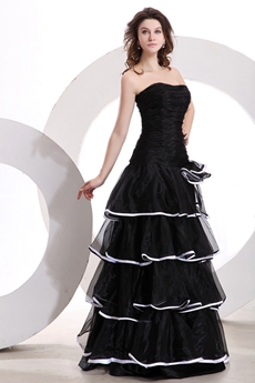 Strapless A-line Puffy Floor Length Black Organza Quinceanera Dress With Tiered 