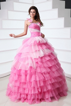 Impressive One Shoulder Ball Gown White & Pink Colorful Quinceanera Dress