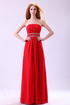 Grecian Strapless Red Chiffon Formal Evening Dress With Rhinestons 