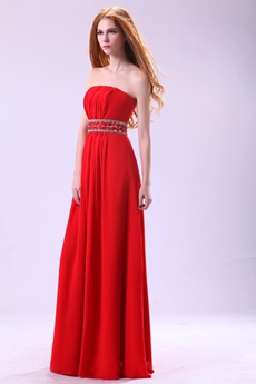 Grecian Strapless Red Chiffon Formal Evening Dress With Rhinestons 