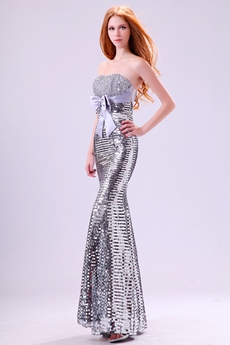 Glamour Sheath Full Length Silver Sequined Prom Dress With Great Handwork 