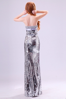 Glamour Sheath Full Length Silver Sequined Prom Dress With Great Handwork 