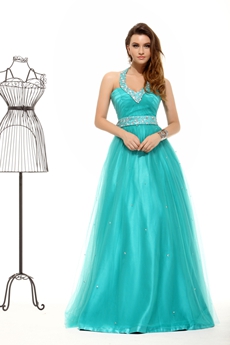 Cheap Halter Teal Color Princess Quince Dress