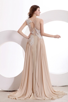 Grecian Jewel Neckline A-line Full Length Champagne Formal Evening Dress 