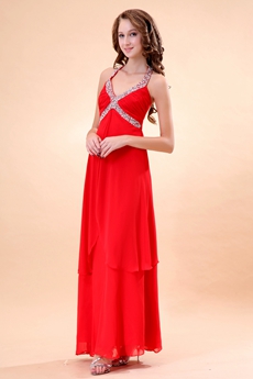 Top Halter Ankle Length Red Chiffon Formal Evening Dress 