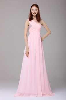 Noble One Shoulder A-line Full Length Pink Chiffon Prom Dress With Beads