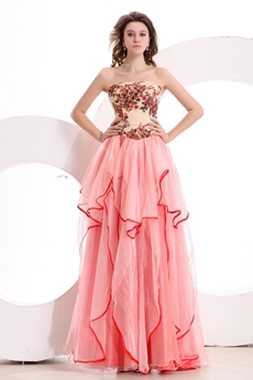 Pretty Strapless Column Full Length Coral Multi Colored Prom Dress 