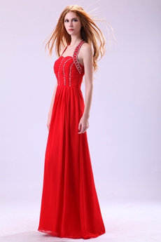 Delicate Top Halter Full Length Red Chiffon Prom Party Dress 
