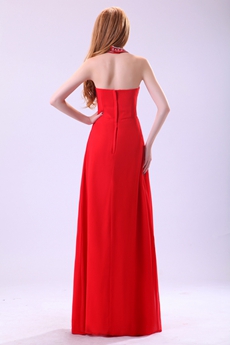 Delicate Top Halter Full Length Red Chiffon Prom Party Dress 