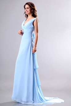 Dazzling Plunge Neckline Full Length Sky Blue Prom Party Dress V-Back 