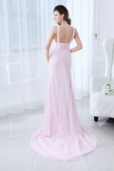 Showy V-Neckline Full Length Pearl Pink Prom Dress With Black Appliques 