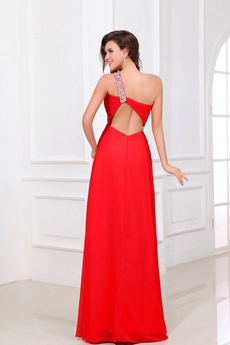 Fancy One Shoulder A-line Red Chiffon Evening Dress Keyhole Back