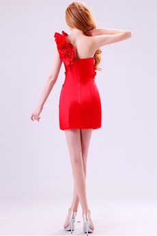New Stylish One Shoulder Mini Length Red Cocktail Dress With Floral Decoration