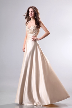 Ruched Bust A-line Champagne Prom Dress With Beads 