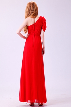 Inexpensive One Shoulder Short Sleeves Red Chiffon Formal Evening Dress 