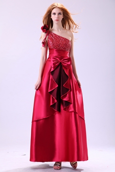 Delish One Shoulder Ankle Length Red Prom Dress With Frills 