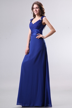 Affordable V-Neckline Royal Blue Chiffon Bridesmaid Dress With Belt 