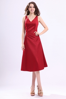 Modest V-Neckline Tea Length Red Wedding Guest Dress