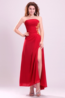 Ankle Length Strapless Red Chiffon Cocktail Dress With Gold Appliques