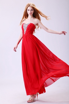 Ankle Length Dipped Neckline Red Chiffon Junior Prom Dress 
