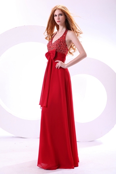 Fashionable Top Halter A-line Red Chiffon Evening Dress With Rhinestones 