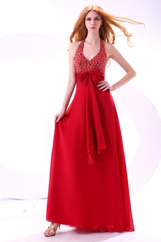 Fashionable Top Halter A-line Red Chiffon Evening Dress With Rhinestones 