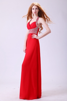 Shimmering Halter A-line Red Chiffon Long Homecoming Dress