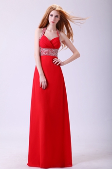 Shimmering Halter A-line Red Chiffon Long Homecoming Dress