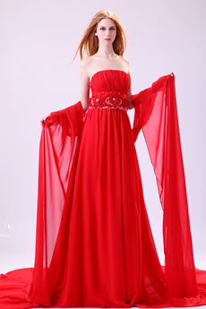 Classy Strapless A-line Full Length Red Chiffon Prom Dress With Shawl 