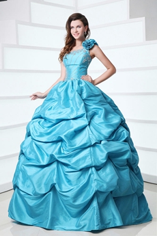 Glassy One Shoulder Ball Gown Taffeta Blue Quinceanera Dress 