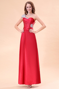 One Shoulder Ankle Length Red Prom Party Dress With Beads 